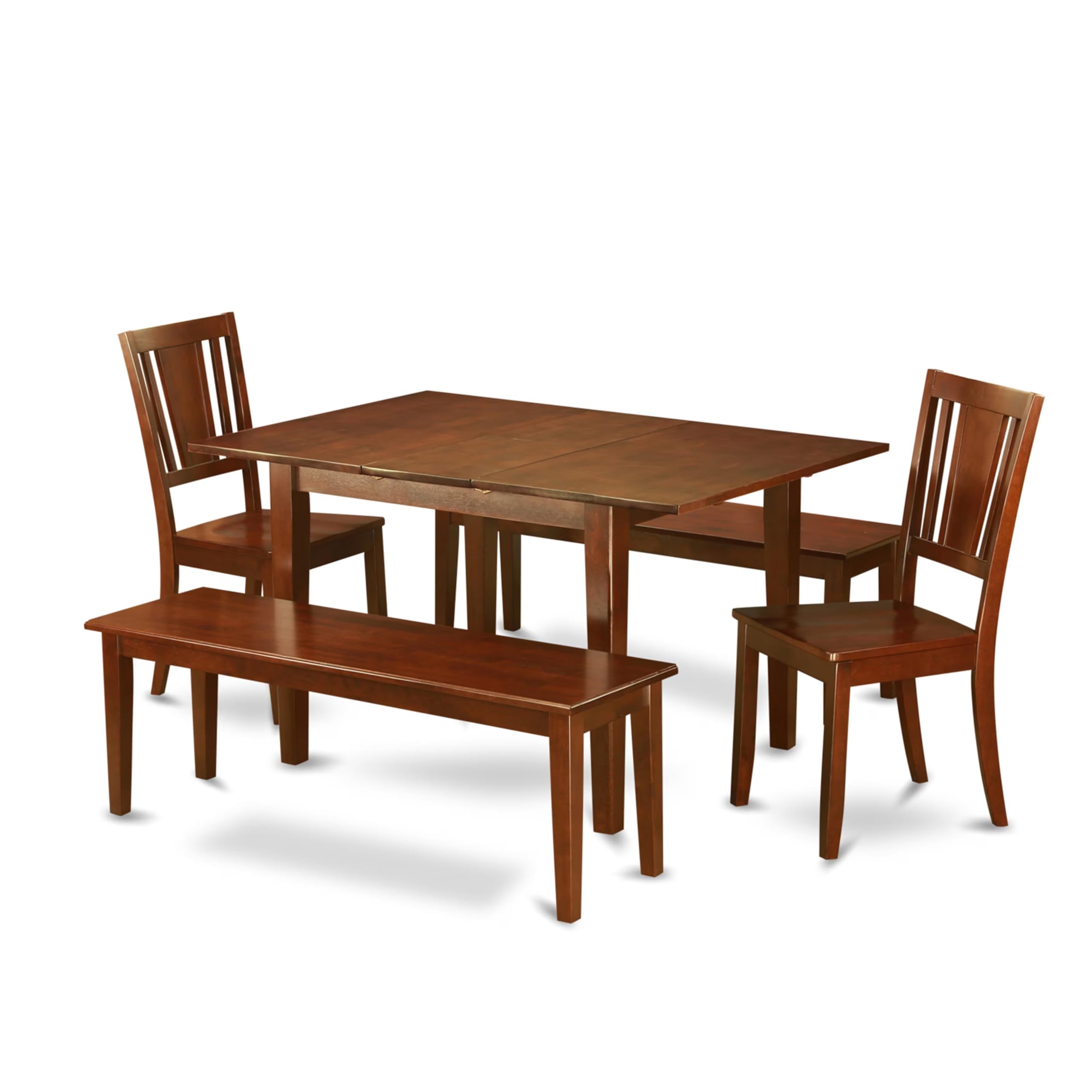 East West Furniture PSDU5D-MAH-W 5 Piece Dining Table Set for 4 Includes a Rectangle Kitchen Table with Butterfly Leaf and 2 Dining Chairs with 2 Benches, 32x60 Inch, Mahogany