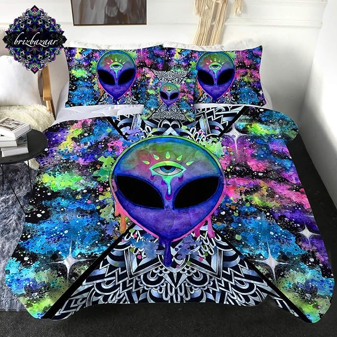 Trippy Alien By Brizbazaar Comforter Set 4 Pieces Colorful Bedding Sets With 3D Psychedelic Outer Space Pattern Alien Abstract R