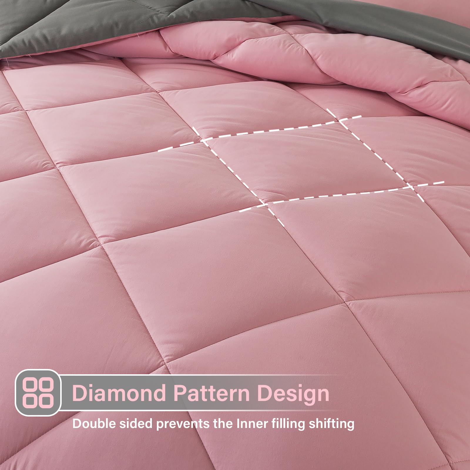 Cosybay Bed In A Bag King Comforter Sets 7Pcs All Season Solid Down Alternative Bedding Sets Pink And Grey With Comforter, Pillo