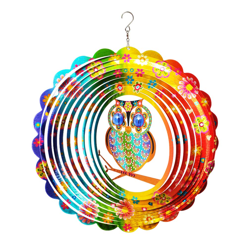 Fonmy Wind Spinner Mandala Owl 12 Inch 3D Stainless Steel Laser Cut Metal Art Geometric Pattern Hanging Wind Spinner, Kinetic Ya