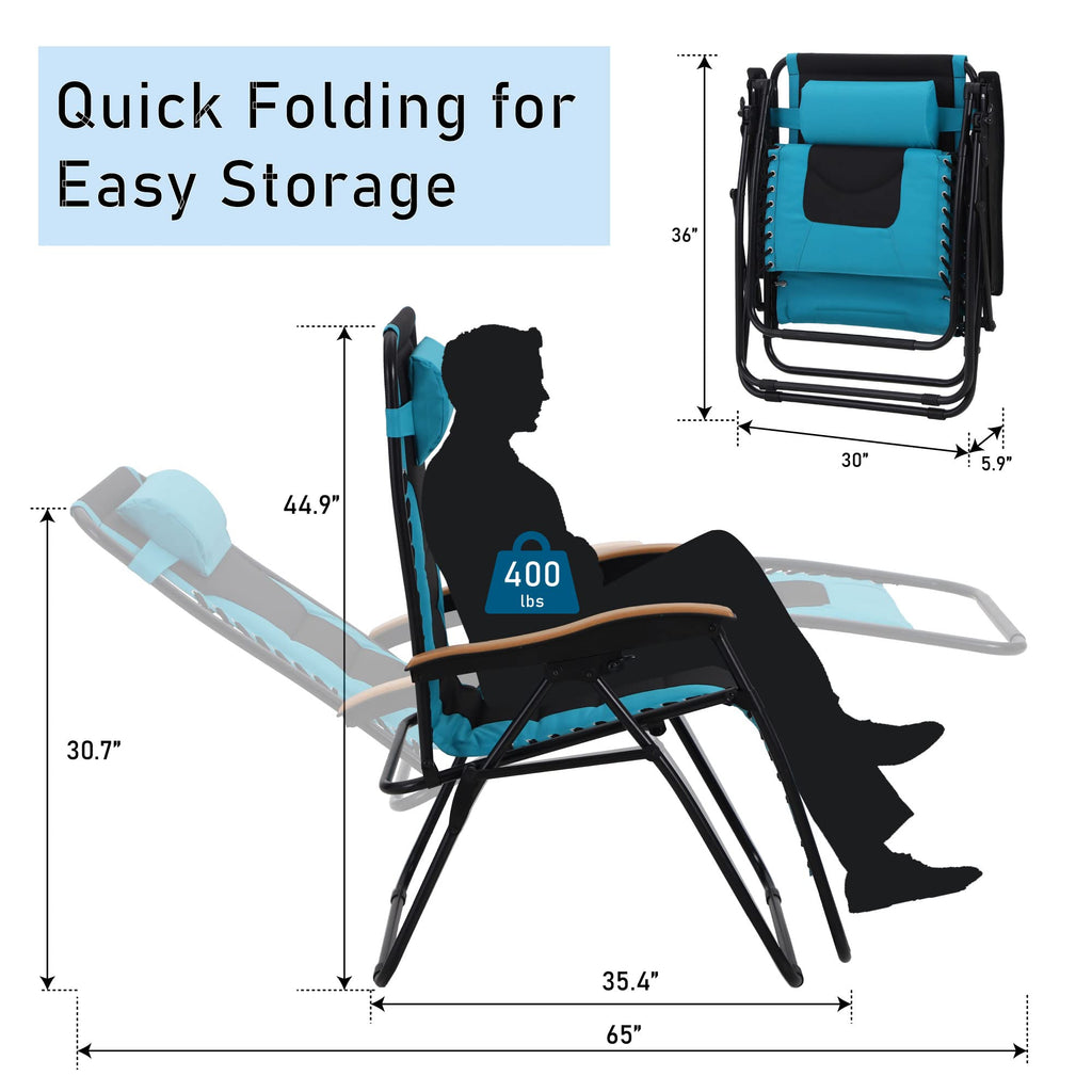 Phi Villa Xxl Oversized Padded Zero Gravity Chair, Foldable Patio Recliner, 30' Wide Seat Anti Gravity Lounger With Cup Holder, Set Of 2, Support 400 Lbs (Aqua)