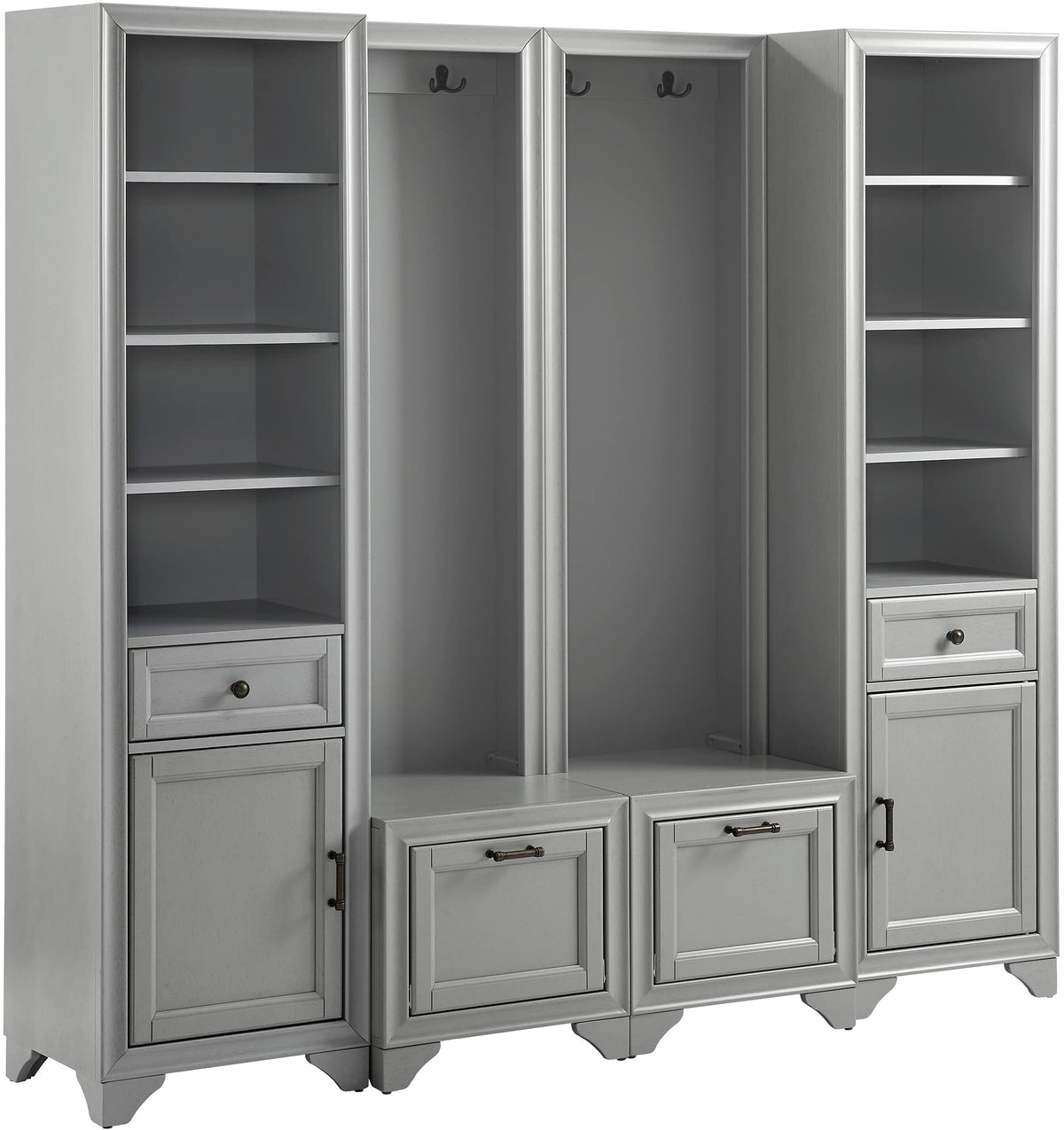 Crosley Furniture Tara 4-Piece Hall Tree and Tall Bookshelf Storage Cabinet Set with Shoe Rack Bench and Hooks, Distressed Gray