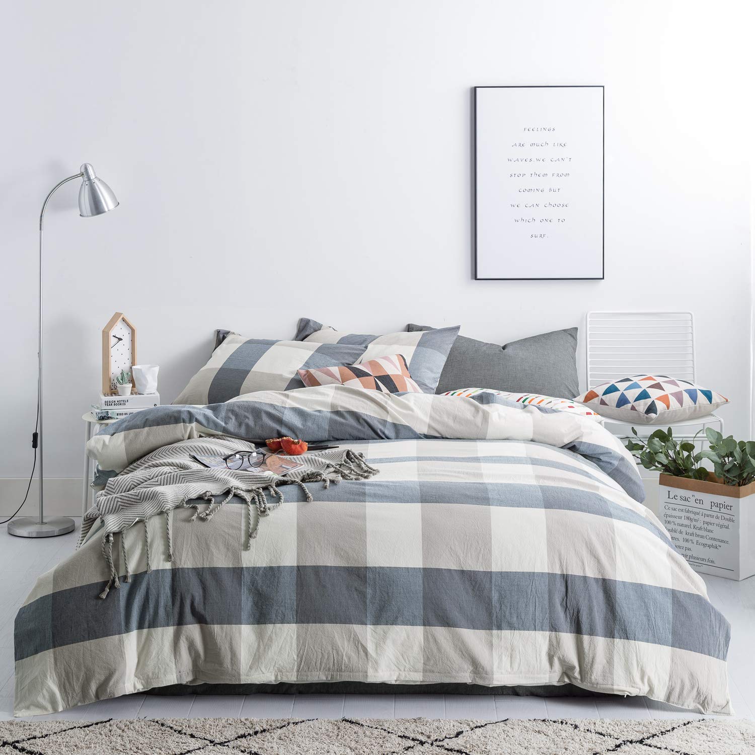 SUSYBAO Blue Checkered Duvet Cover Queen Size 100% Washed Cotton Plaid Duvet Cover Set 3 Pieces 1 Grid Duvet Cover with Zipper T