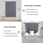 Dwcn Blackout Curtains-Tie Up Shade For Window Thermal Insulated Room Darkening Rod Pocket Curtains For Kitchen, Grey, W42 X L43