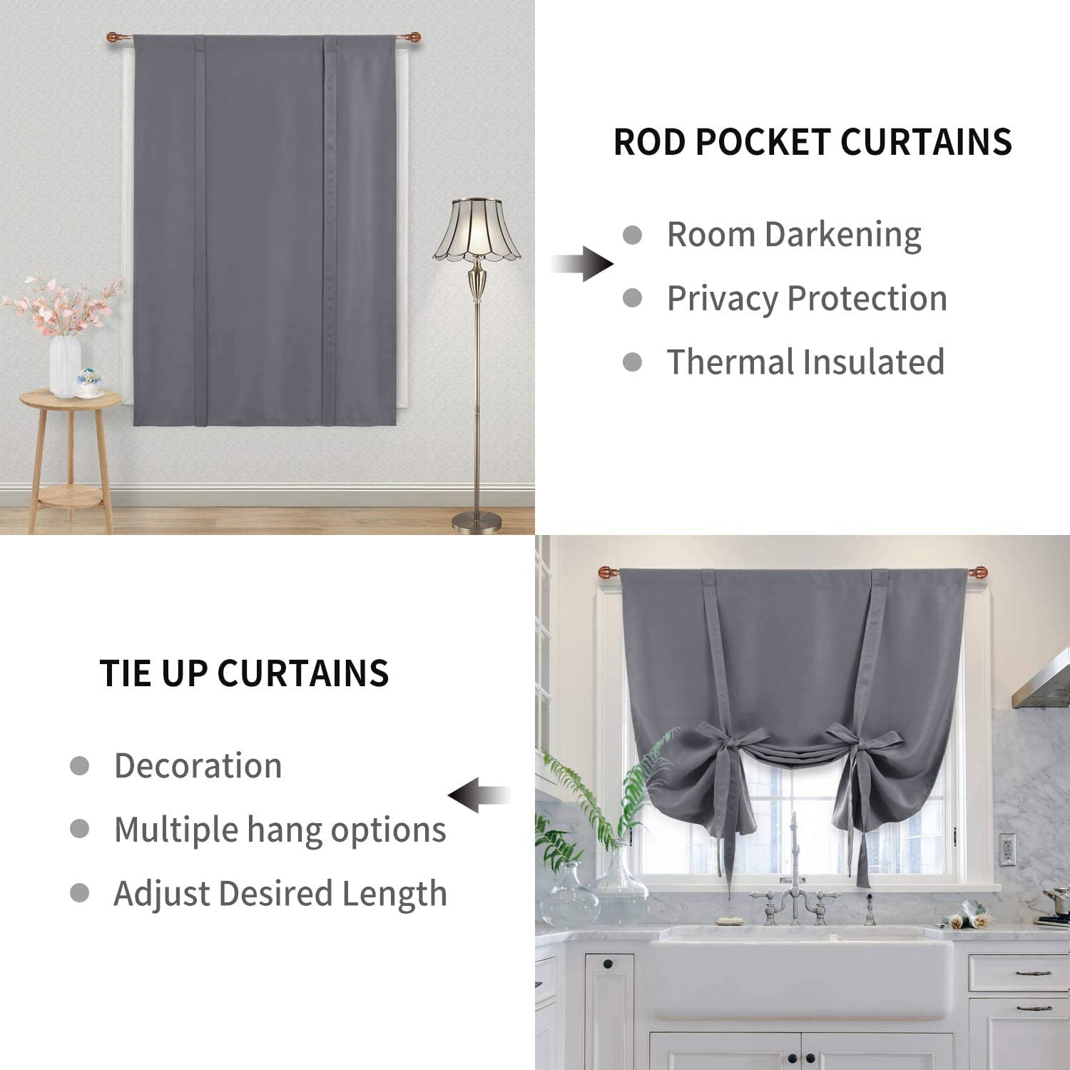 Dwcn Blackout Curtains-Tie Up Shade For Window Thermal Insulated Room Darkening Rod Pocket Curtains For Kitchen, Grey, W42 X L43