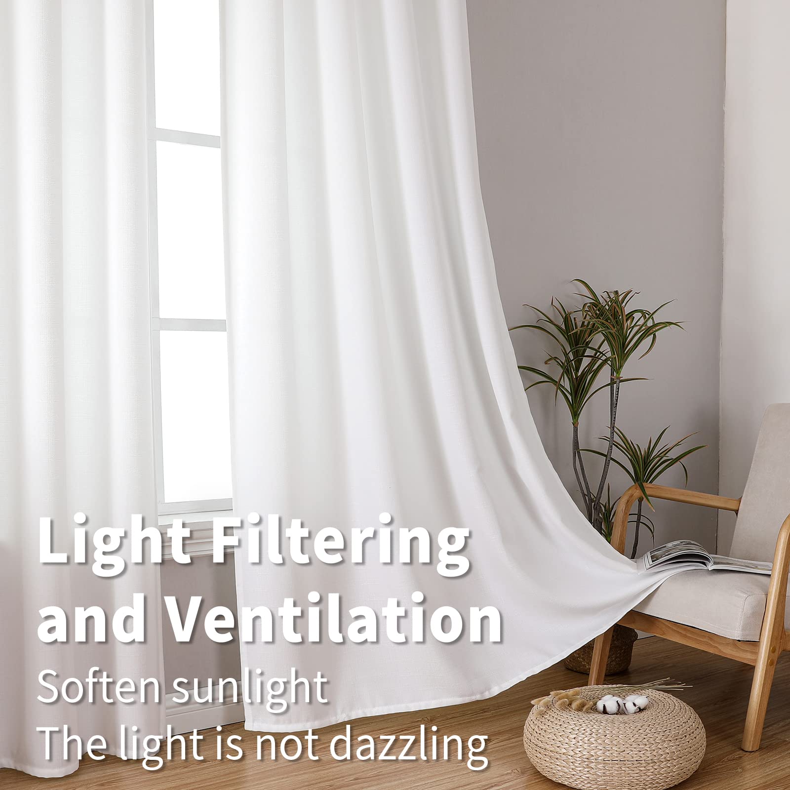 Bgment Natural Faux Linen Curtains For Bedroom, Grommet Thick Linen Semi Sheer Drapes Light Filtering Privacy Window Treatments Curtains For Living Room, Set Of 2 Panels, 52 X 84 Inch, White