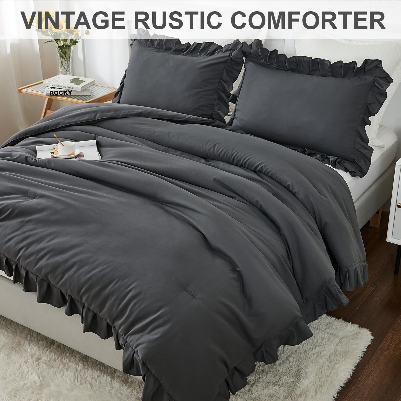 Andency Queen Comforter Set Dark Gray, 3 Pieces Boho Lightweight Summer Solid Bedding Comforters & Sets, Double Women Men Grey Ruffle Farmhouse Bed Set (90X90In Comforter & 2 Pillowcases)