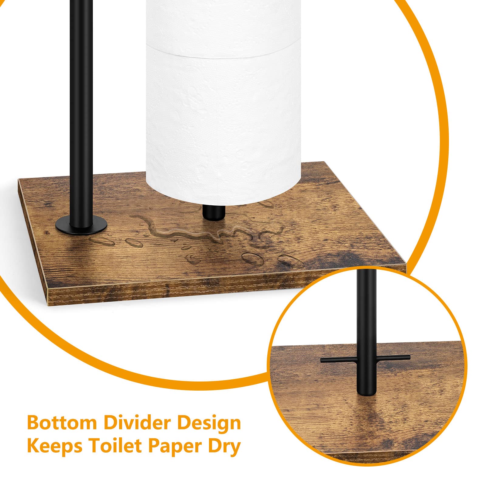 BTY Rustic Brown Farmhouse Toilet Paper Dispenser - Freestanding Tissue Roll Holder with Shelf for Bathroom Storage