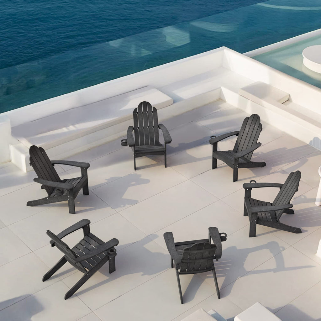Lue Bona Poly Lumber Adirondack Chairs Set Of 6, Black Adirondack Chairs With Cup Holder, 350Lbs Modern Adirondack Chair Weather Resistant, Plastic Patio Adirondack Chair For Fire Pit, Backyard