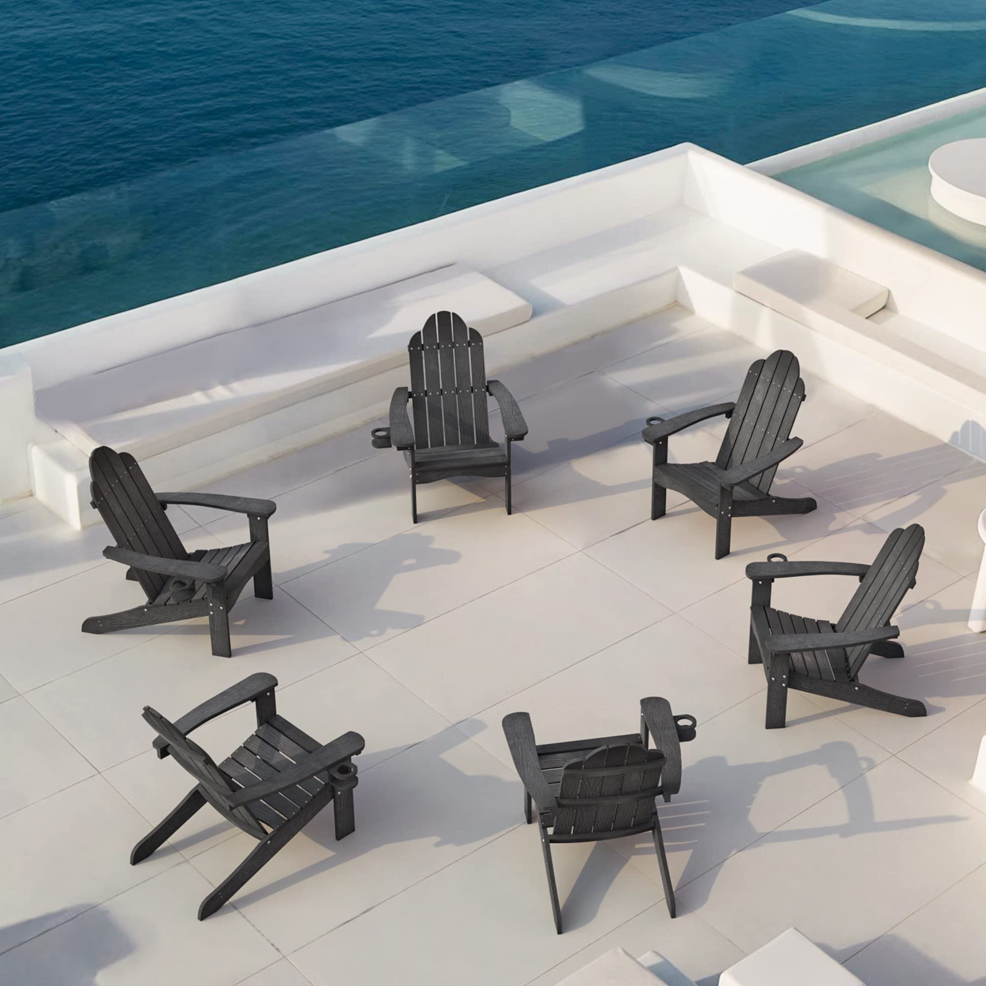 Lue Bona Poly Lumber Adirondack Chairs Set Of 6, Black Adirondack Chairs With Cup Holder, 350Lbs Modern Adirondack Chair Weather Resistant, Plastic Patio Adirondack Chair For Fire Pit, Backyard