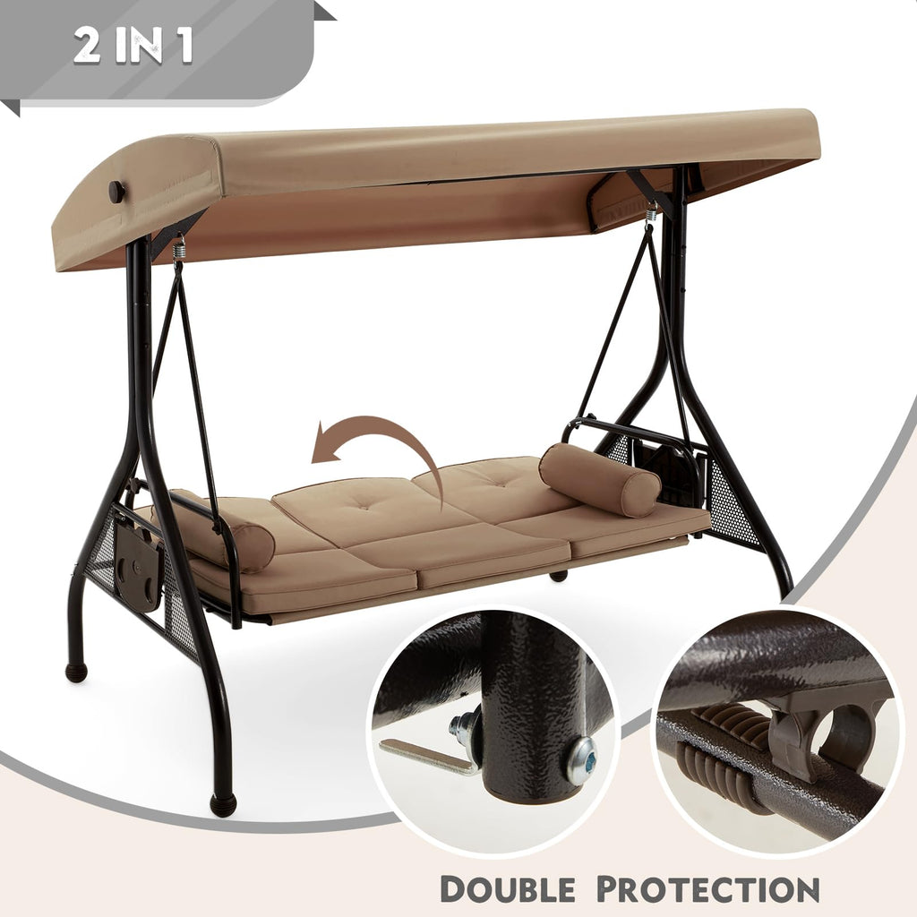 Homrest 3 Seat Outdoor Porch Swing With Adjustable Canopy, Convertible Patio Swing Bed With Stand, Patio Glider Swing With Upgraded Cup Holder, Thicken Cushions & Pillow For Backyard (Brown)