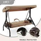 Homrest 3 Seat Outdoor Porch Swing With Adjustable Canopy, Convertible Patio Swing Bed With Stand, Patio Glider Swing With Upgraded Cup Holder, Thicken Cushions & Pillow For Backyard (Brown)