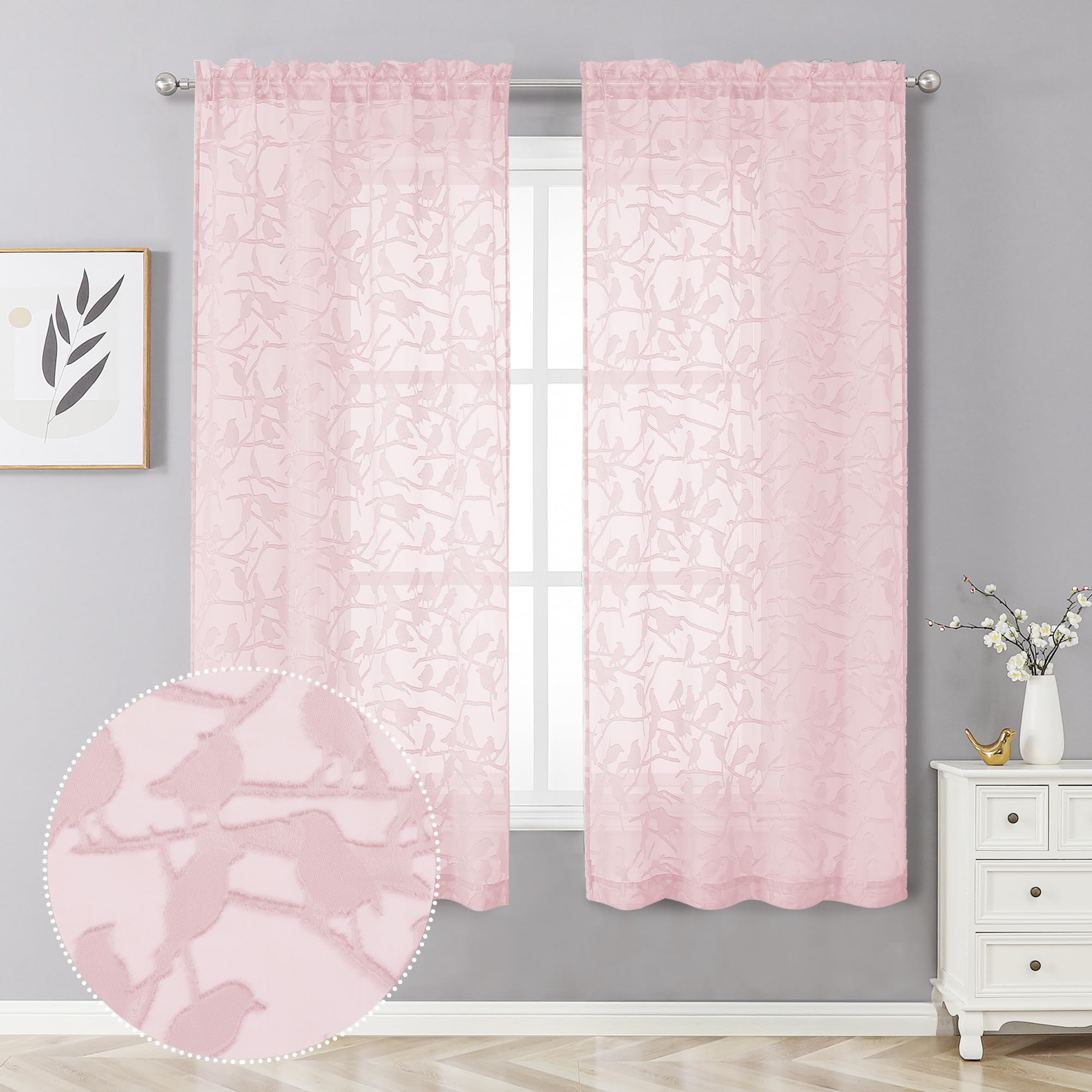 Ovzme Anji Textured Blush Sheer Curtain 63 Inch Length 2 Panels Set, Elegant Farmhouse Semi Sheer Dining Curtains For Living Roo