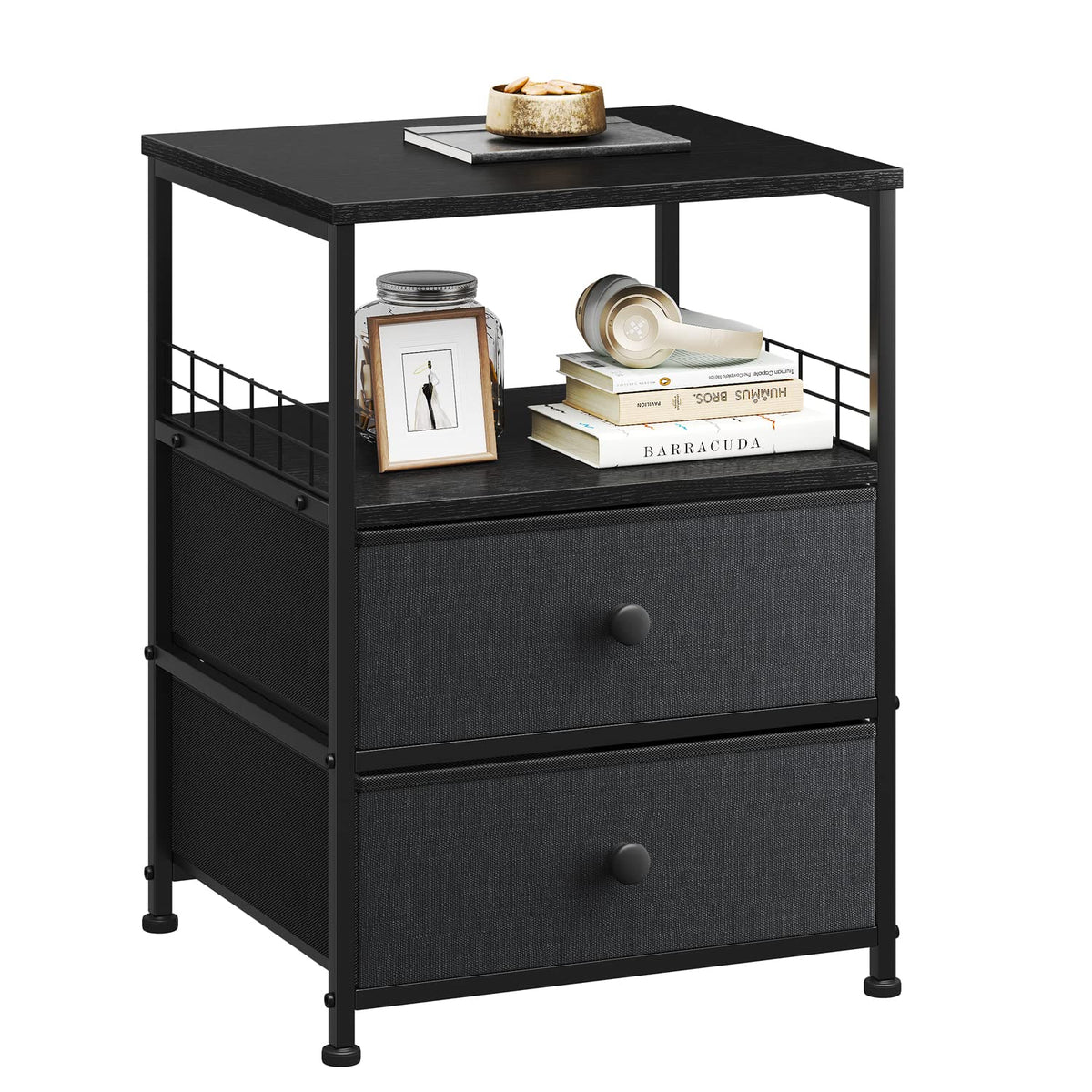 Enhomee Nightstand, Bedside Table With Fabric Drawers And Open Wood Shelf Storage, Bed Side Table With Metal Frame For Bedroom, Living Room, Dorm, Easy Assembly And Pull, Black And Gray