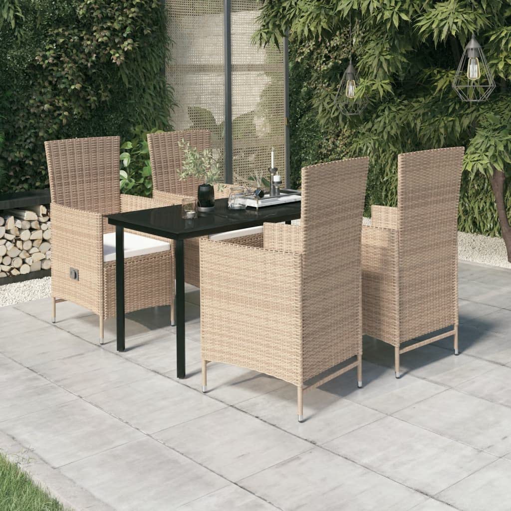 vidaXL 7-Piece Patio Dining Set with Cushions- Outdoor Relaxing and Dining Furniture with Reclining Chairs, Glass Tabletop, PE Rattan and Steel Frame - Beige and Black