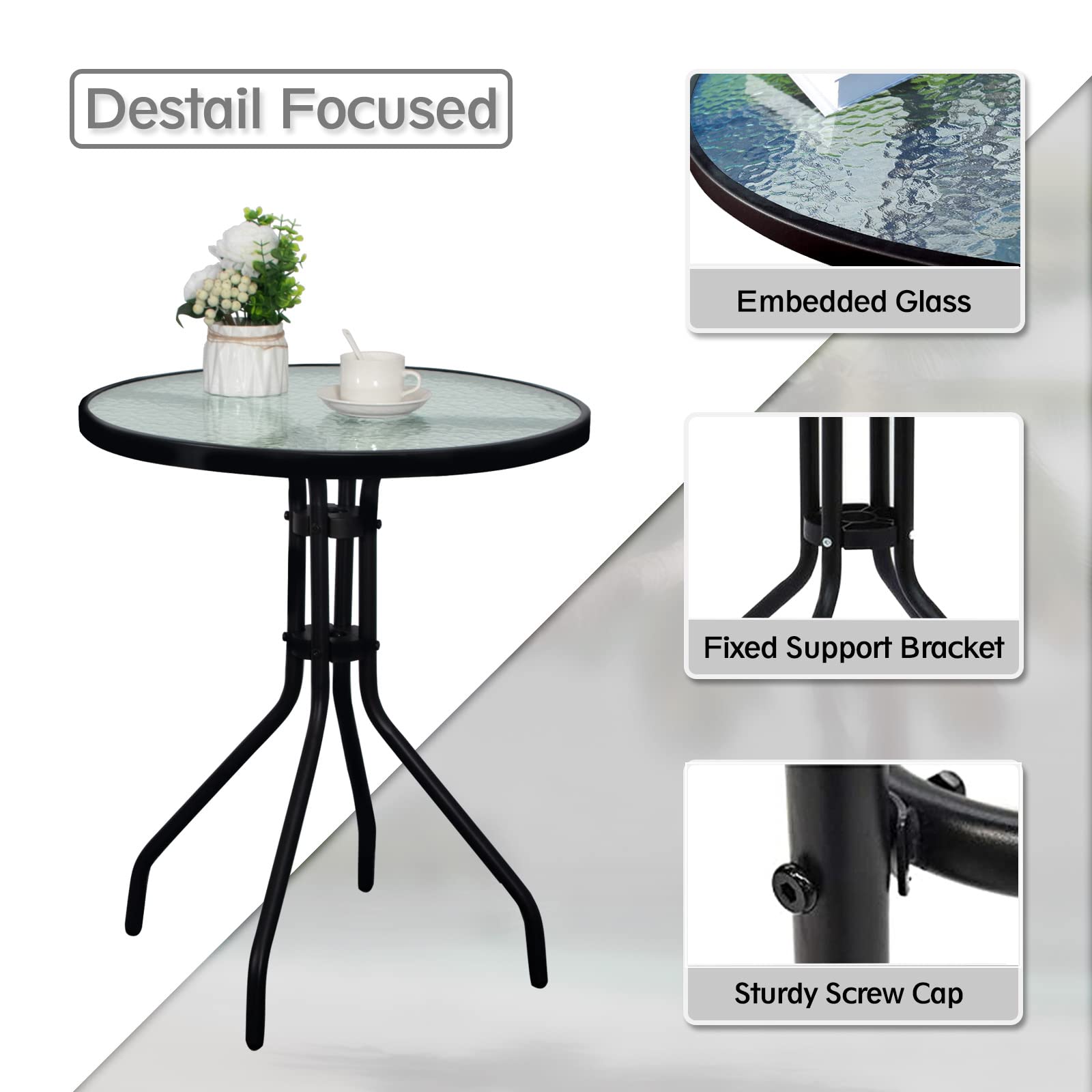 Dimar Garden 24' Outdoor Side Table Patio Metal Round Bistro Coffee Table With Glass Top,Black