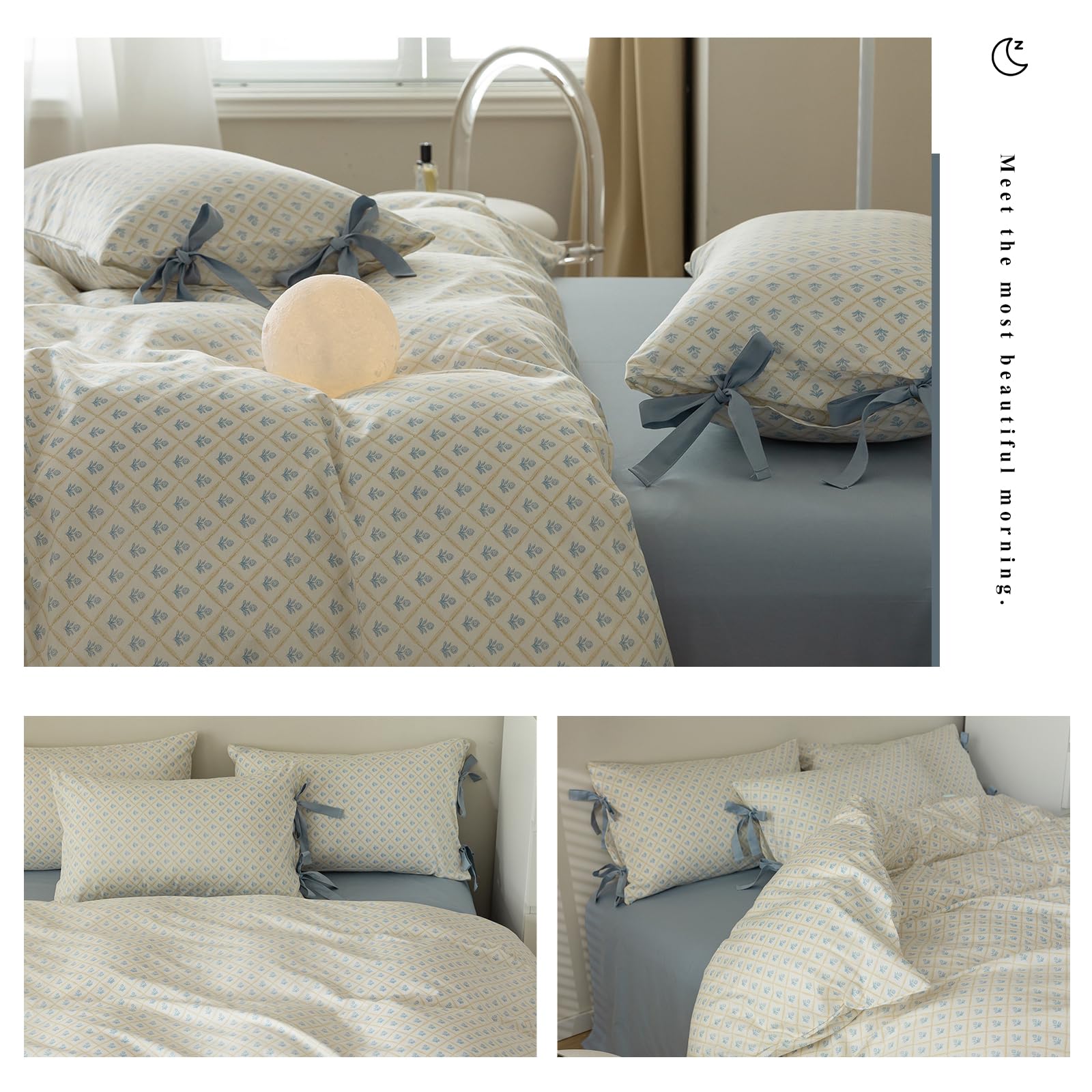 Blue Floral Duvet Cover King Soft Cotton Garden Style Floral Bedding Comforter Cover Plaid Grid Design Vintage Blue Flower Duvet