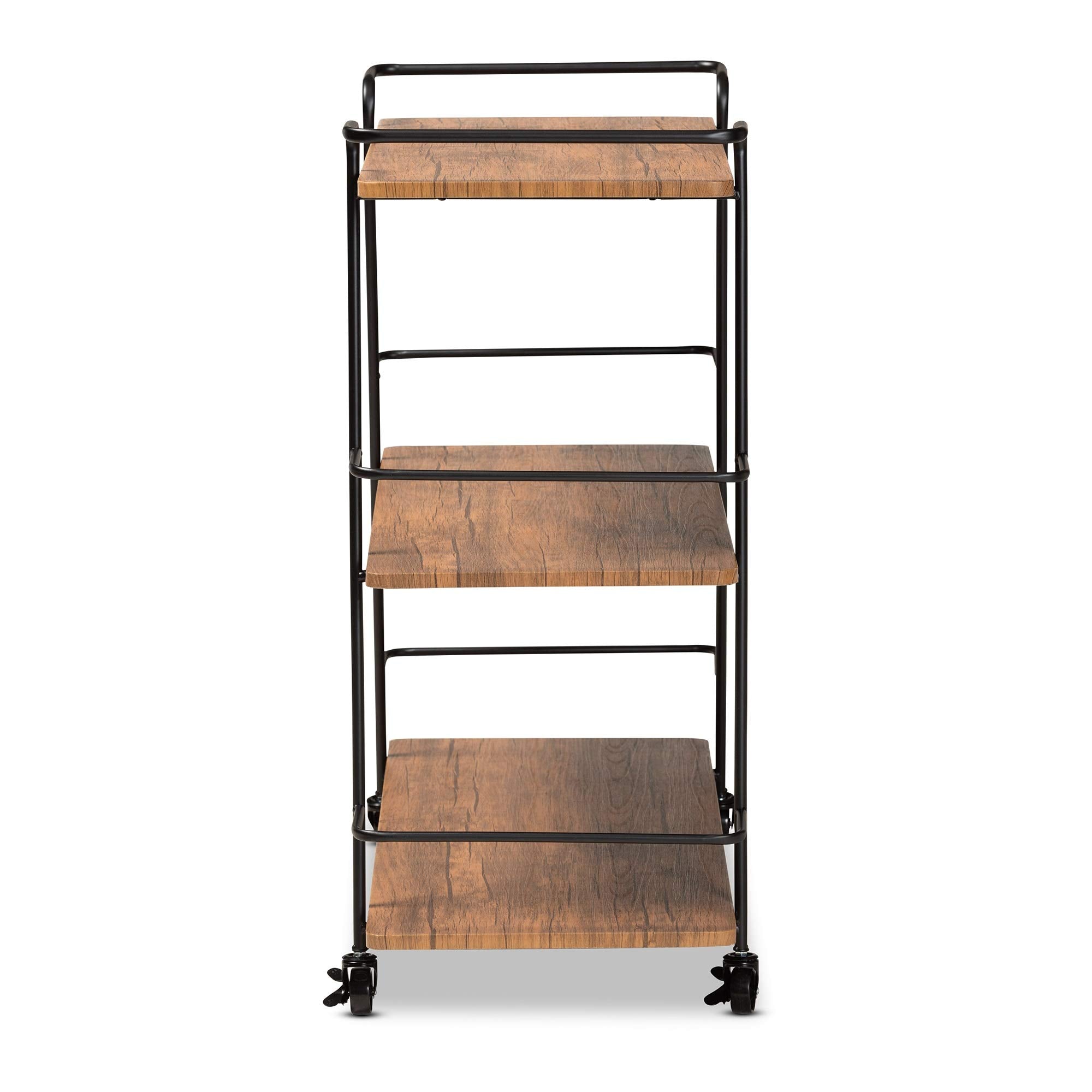 Baxton Studio Bernard Rustic Industrial Black Metal and Walnut Finishe Wood 3-Tier Mobile Wine Bar Cart
