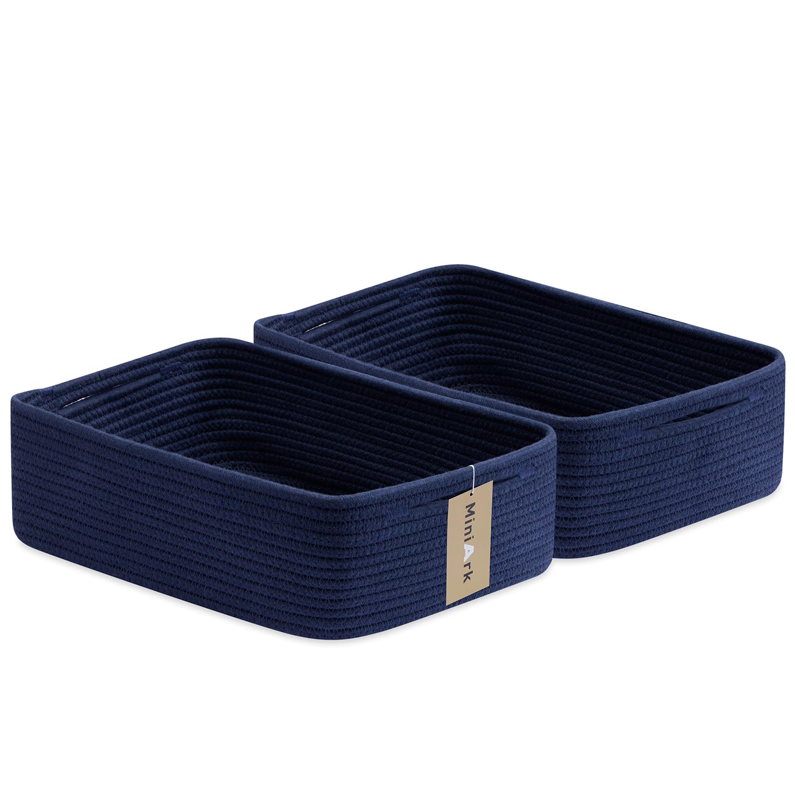MiniArk Large Shallow Organizing Baskets 15x11x5.1 Inches - Rope Woven Storage Bins for Bathroom, Shelves, Cube Closet, Navy Blu