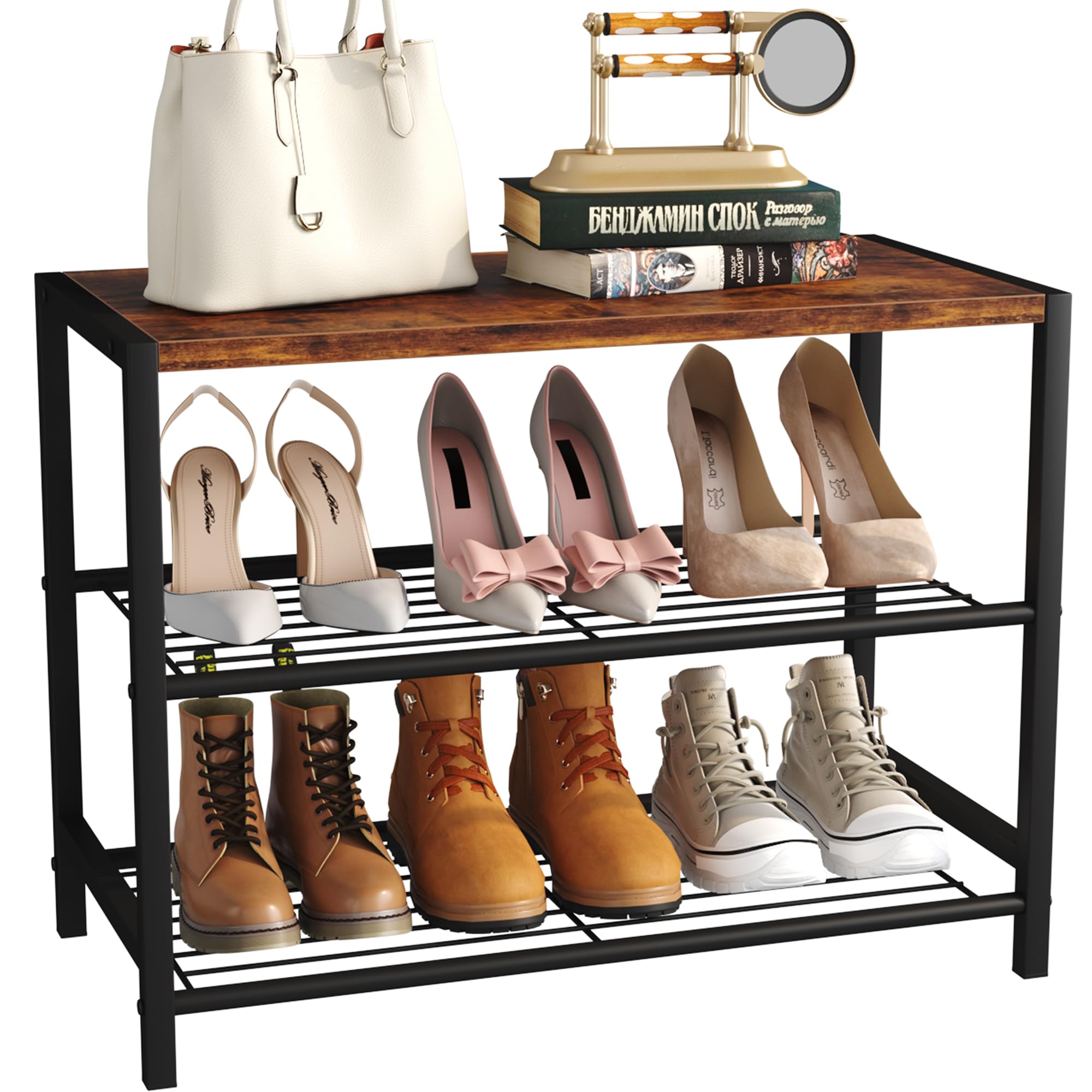 Yusong Shoe Rack, 3 Tier Shoe Organizer Storage for Closet Entryway, Narrow Slim Metal Shoe Shelves with Industrial Wooden Top, 