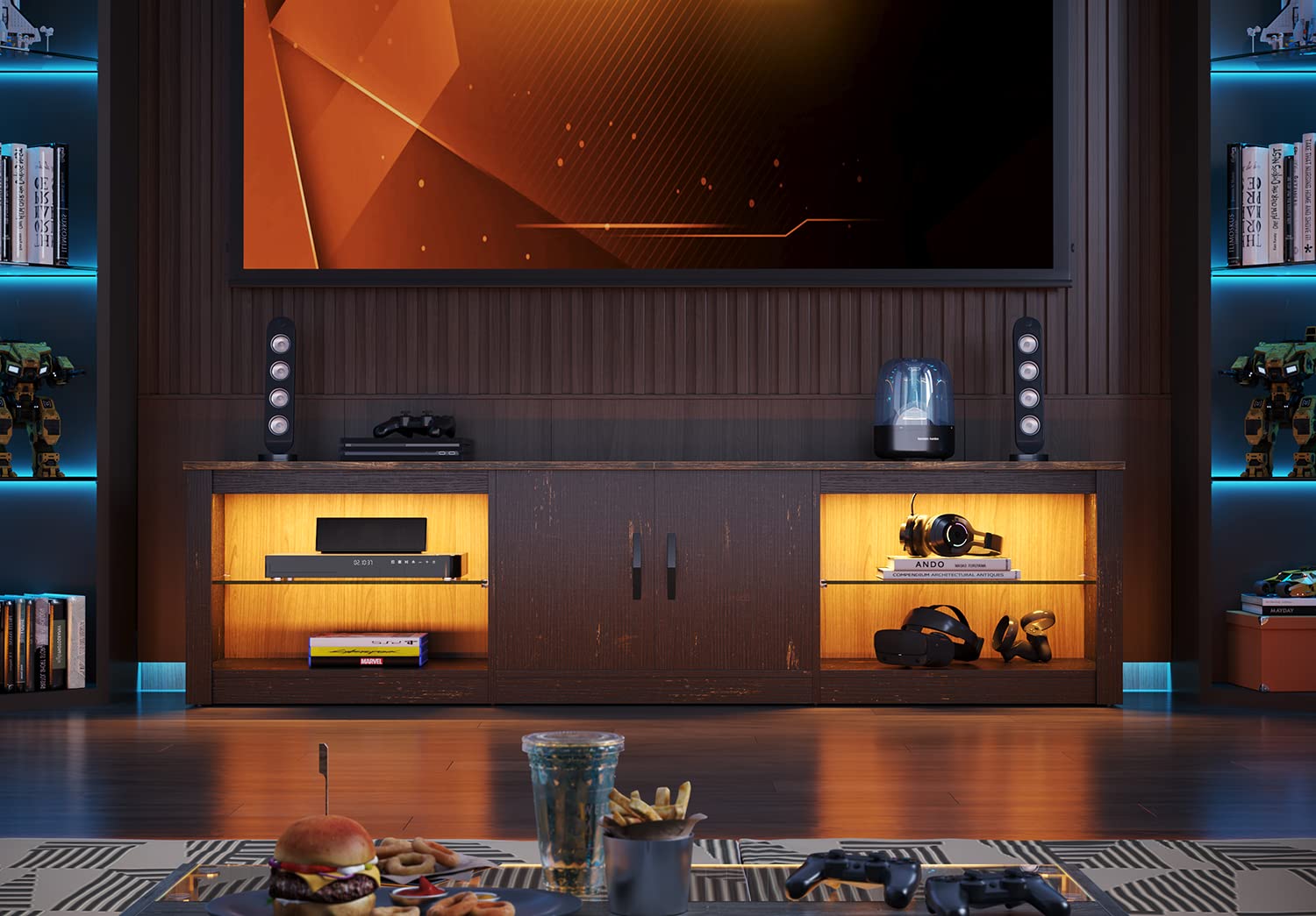 Bestier 70 Inch Led Tv Stand For 75 Inch Tv Large Entertainment Center Gaming With Adjustable Glass Shelves Two Cabinets Modern Tv Console For Living Room 22 Rgb Modes, Golden Black