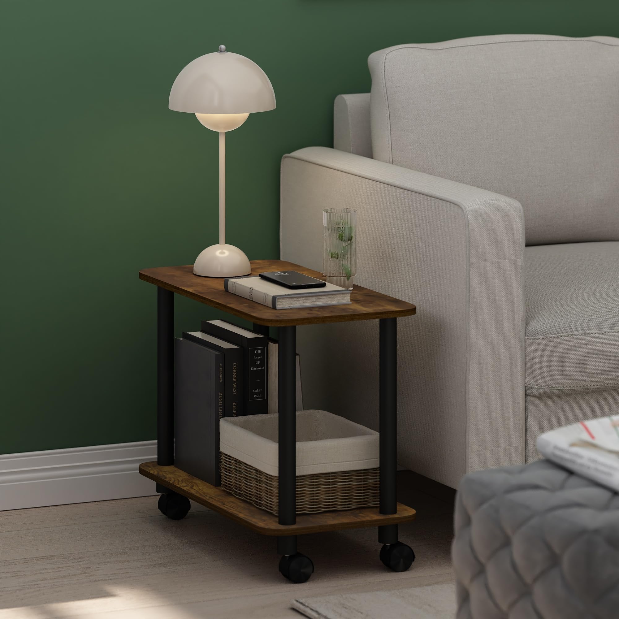 Furinno Turn-N-Tube Modern Rectangle End Table, Side Table with Casters, Amber Pine/Black