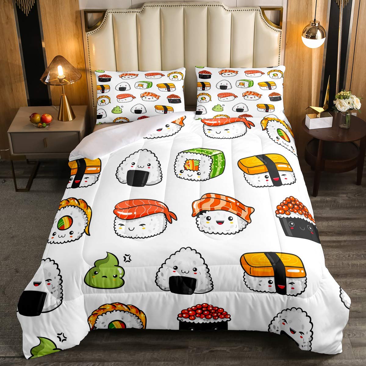 Sushi Pattern Comforter Set Japanese-Style Bedding Set For Kids Boys Girls Teens Food Theme Comforter Cute Cartoon Japanese Sush