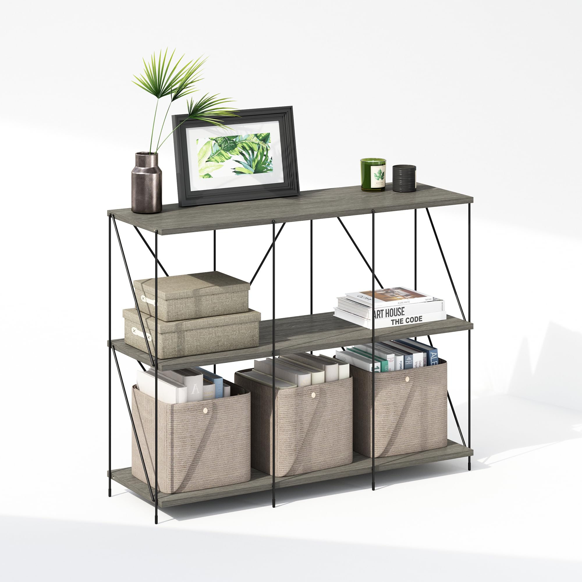 Furinno Wire 3-Tier Industrial Style Metal Frame Bookcase, Display Shelf, 35 Wide, Finn Oak