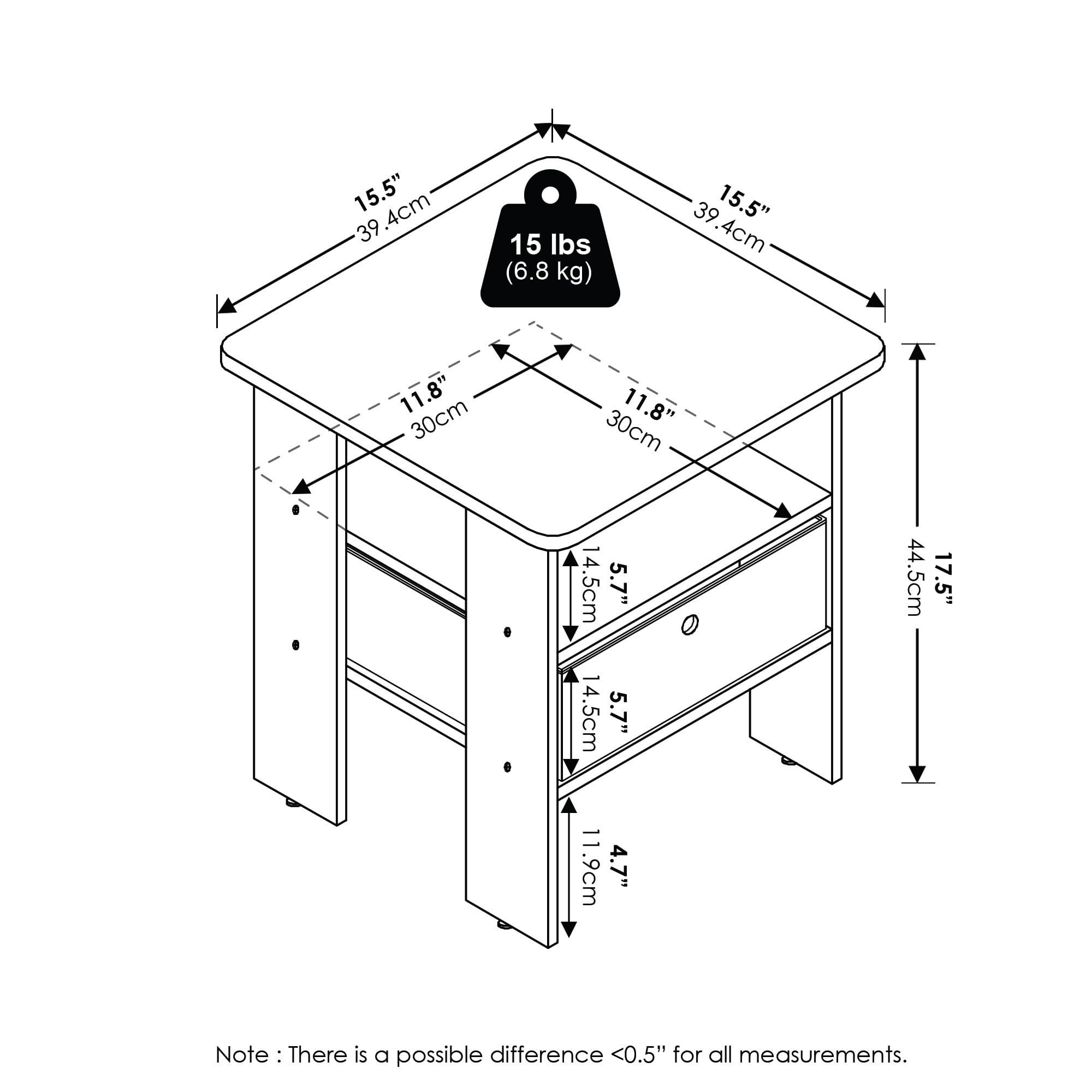 Furinno Andrey End Table Nightstand with Bin Drawer, Amber Pine/Black, Set of 2