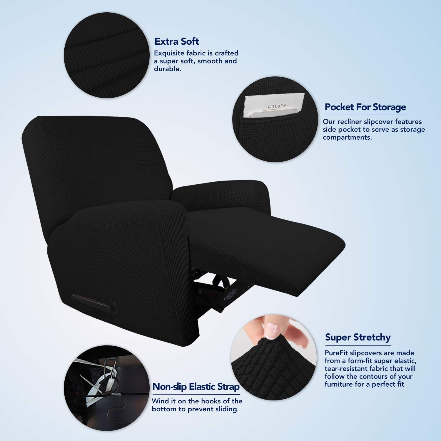 Purefit Stretch Recliner Sofa Slipcover With Pocket – Spandex Jacquard Non Slip Soft Couch Sofa Cover, Washable Furniture Protector With Elastic Bottom For Kids (Recliner, Black)