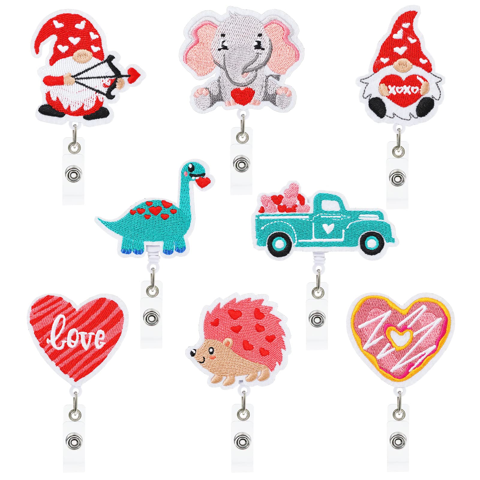 Whaline 8Pcs Valentine'S Day Felt Badge Reels Gnome Animal Heart Truck Retractable Badge Holder With Swivel Alligator Clip Green