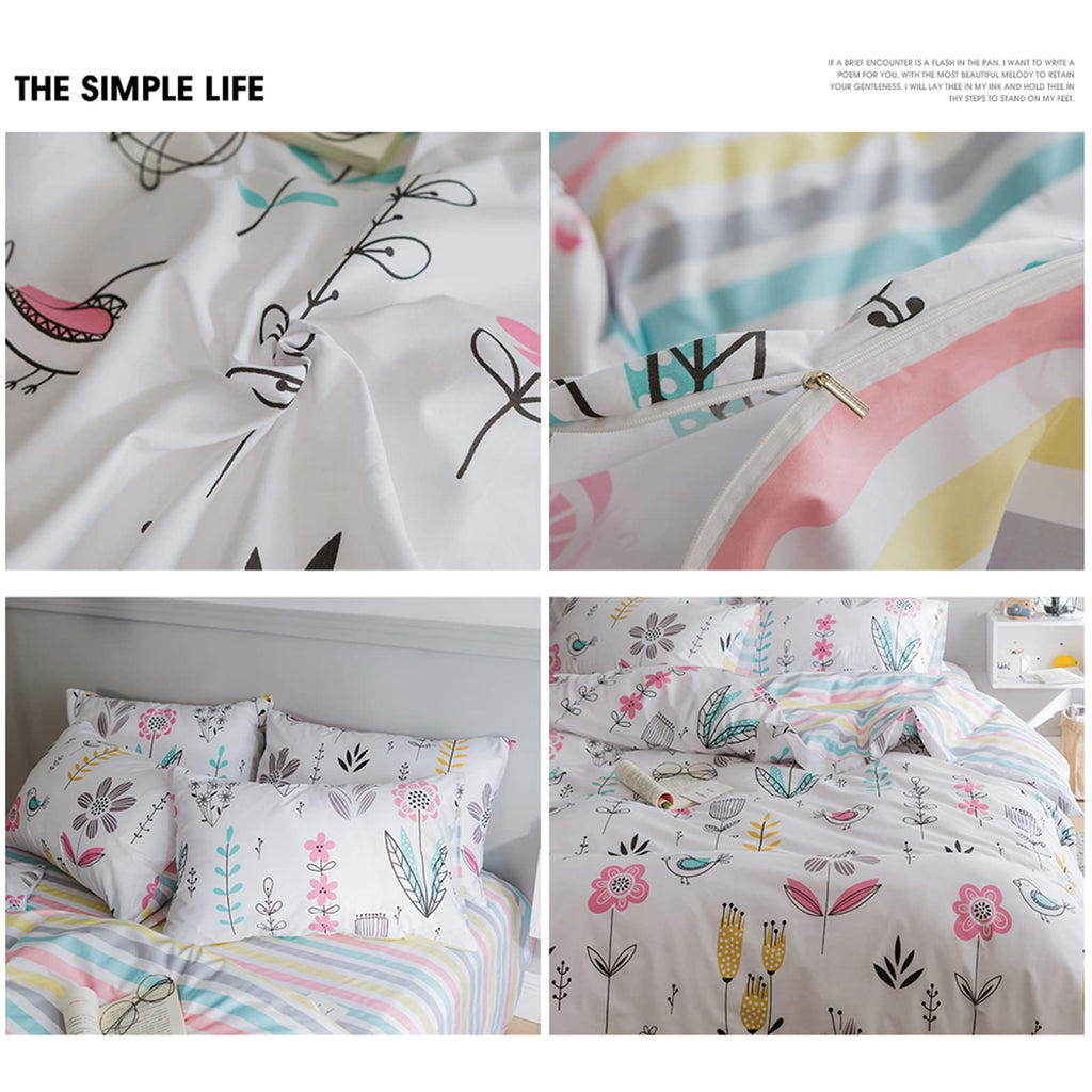 Highbuy Floral Printed Bedding Sets Full Duvet Cover Girls Cotton Comforter Cover Full Size Garden Aesthetic Reversible Striped