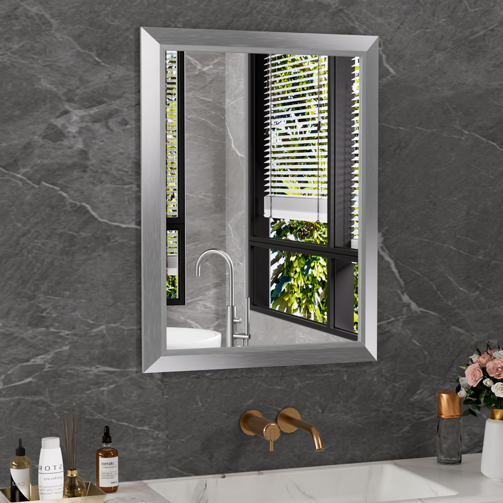 Amorho 24x32 Inch Bathroom Mirror Silver, Thick Metal Framed Wall Mirrors for Over Sink, Brushed Nickel Mirror Perfect for Bedro