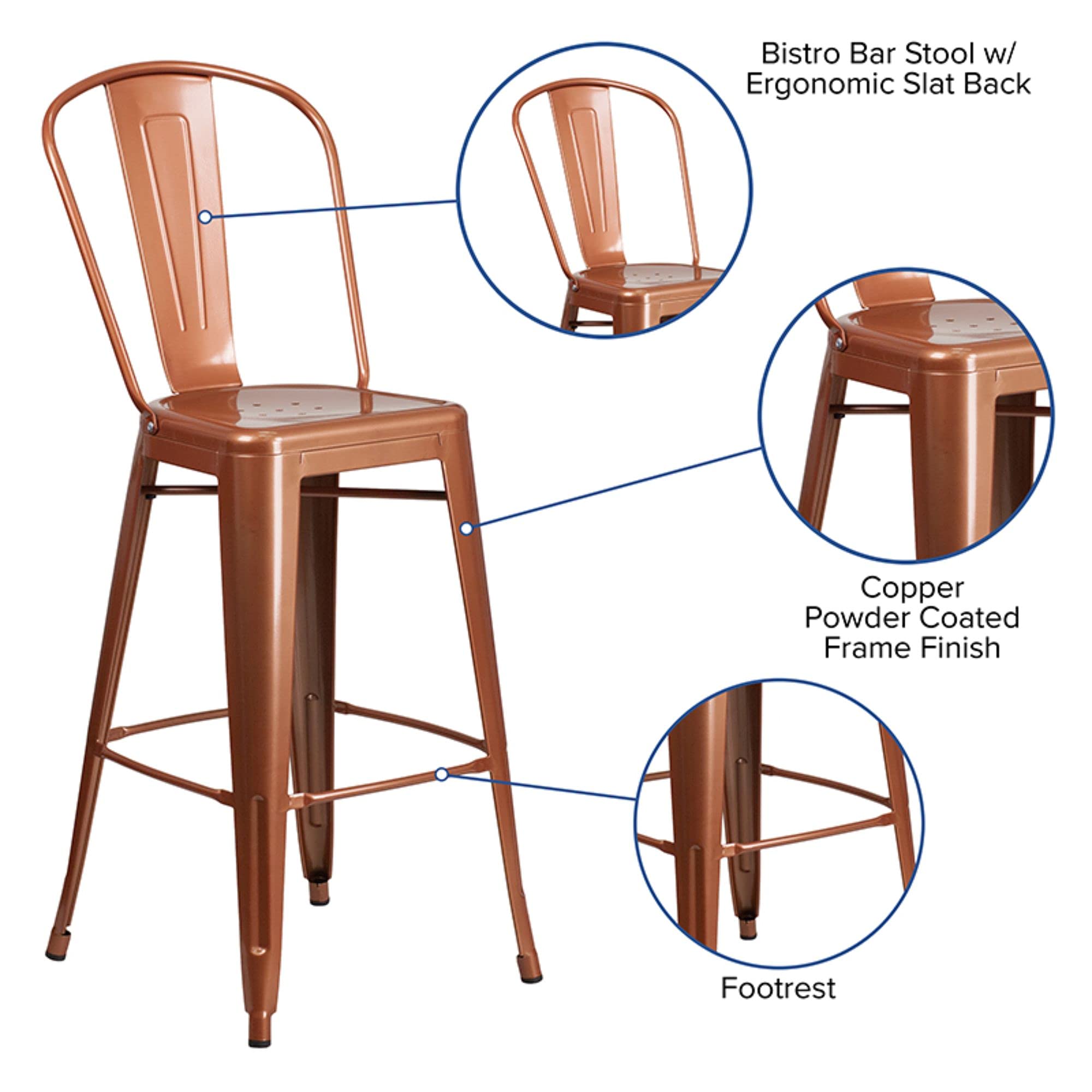 Flash Furniture Commercial Grade 30' High Copper Metal Indoor-Outdoor Barstool With Back