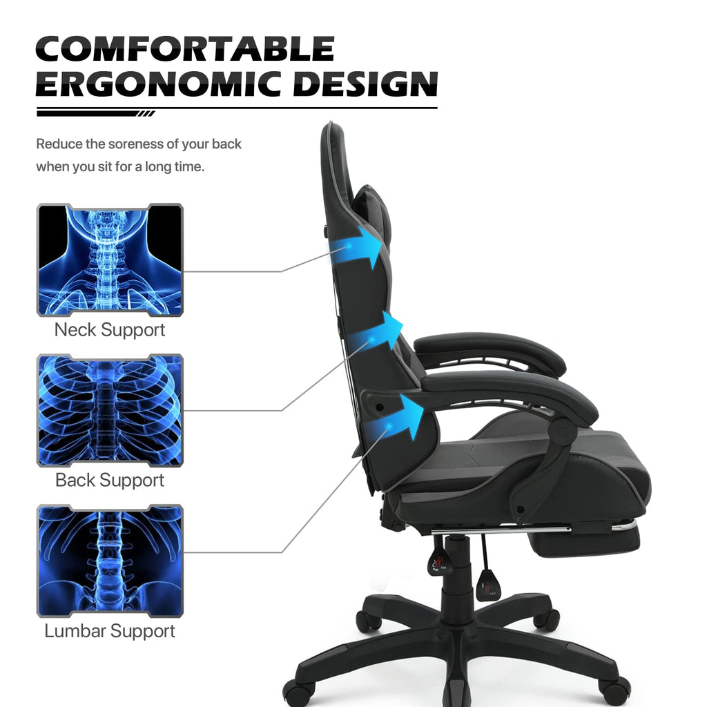 Monibloom Gaming Chair Office Chair Leather High Back Computer Chair With Headrest And Lumbar Support 360° Swivel Ergonomic Footrest Adjustable Gamer Chair For Adult Teen Home Office Using, Gray