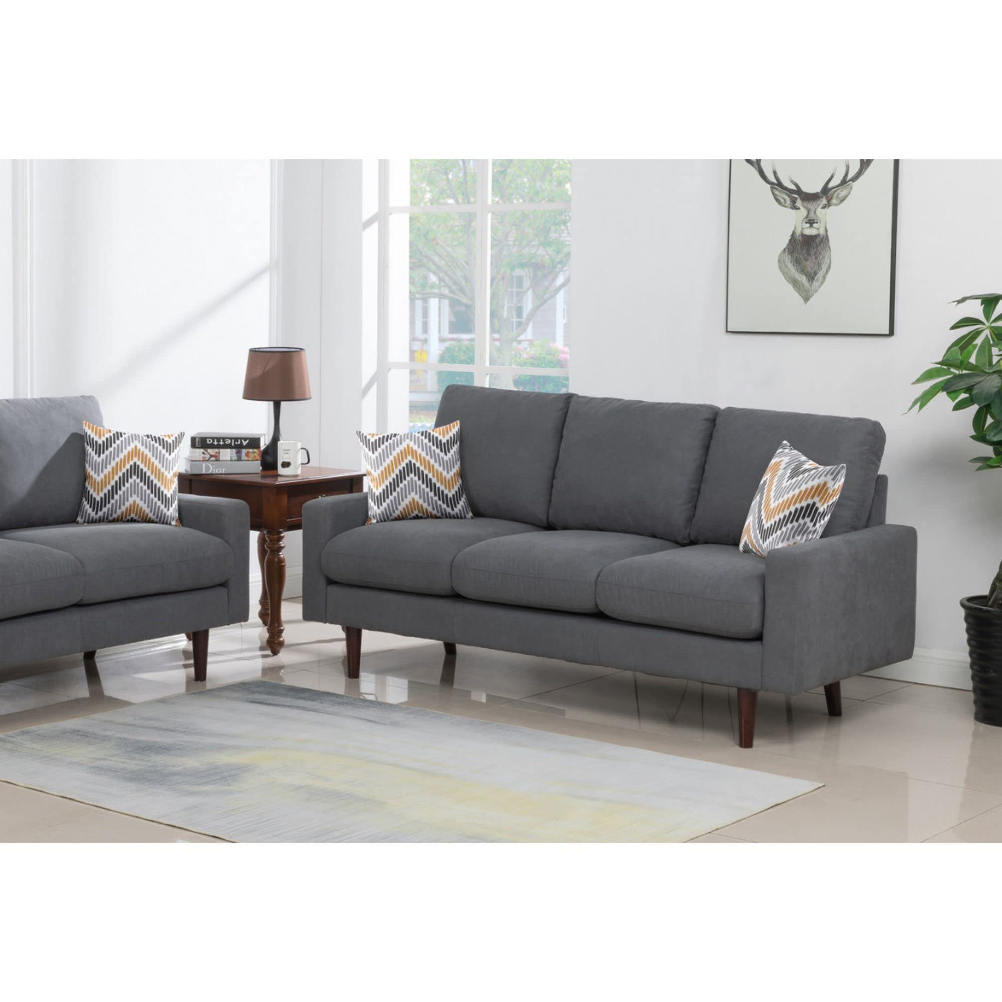Lilola Home Abella Mid-Century Modern Dark Gray Woven Fabric Sofa Couch with USB Charging Ports & Pillows