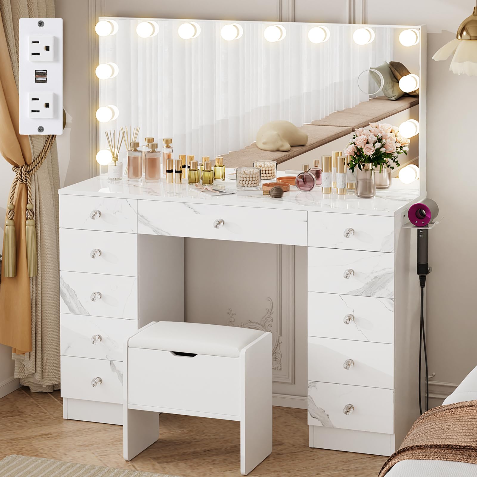 VOWNER Vanity with Lighted Mirror - Makeup Vanity Desk with Lights and 11 Drawers, 3 Color Lighting Modes Adjustable Brightness,