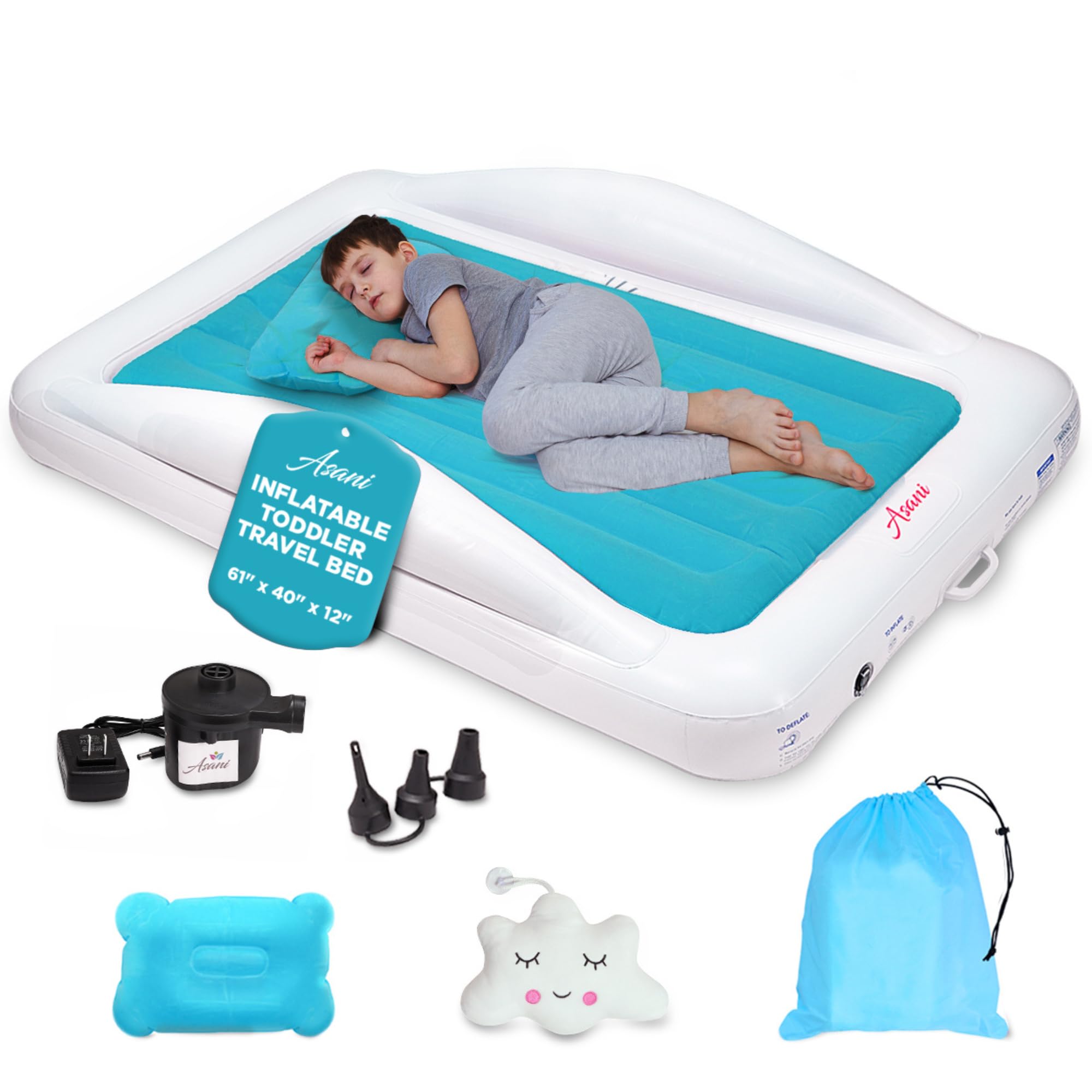 Asani Inflatable Toddler Travel Bed, Electric Pump, Leakproof Air Mattress, Bumpers, Carry Case, Pillow - Fits Kids Up To 4Ft -