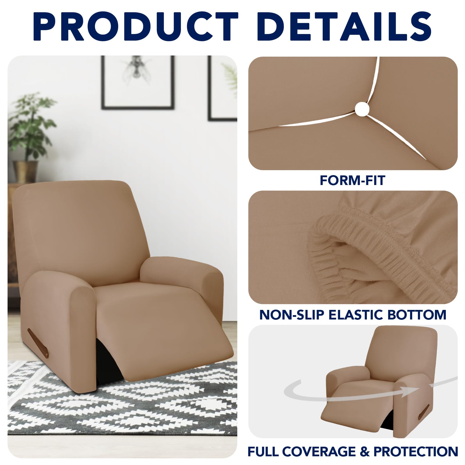 Purefit 100% Dual Waterproof Recliner Cover, Waterproof Couch Cover For Recliner - Stretch Non Slip Fleece Sofa Covers Washable, Leakproof Furniture Protector For Kids, Pets, Dog (Recliner, Camel)