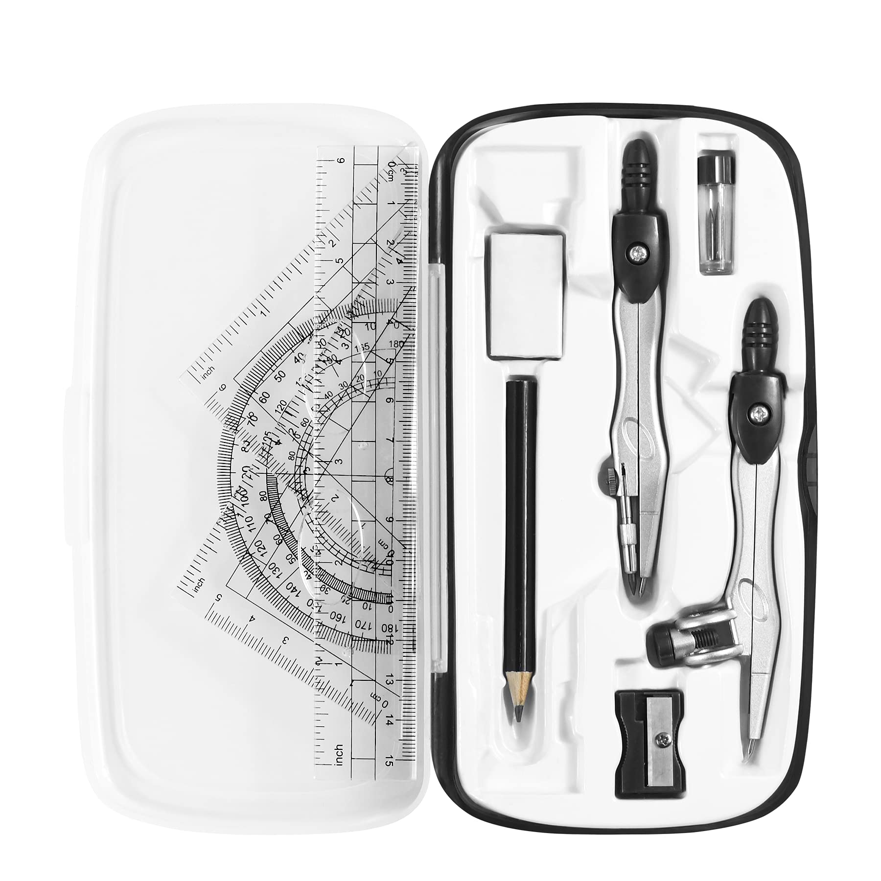 Vobou Math Geometry Kit Sets 10 Piece Student Supplies With Shatterproof Storage Box,Includes Rulers,Protractor,Compass,Eraser,P