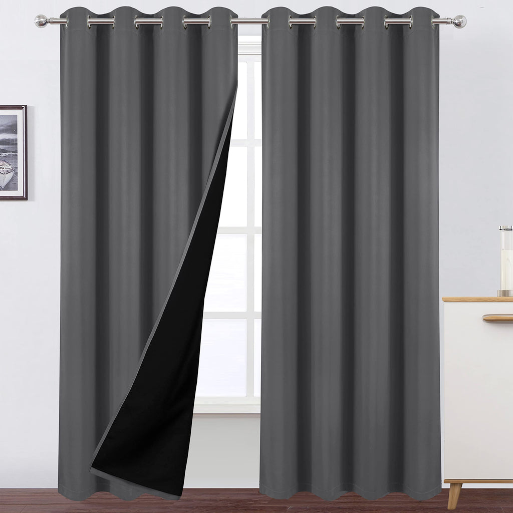 LEMOMO 100% Blackout Curtains 52 x 95 Inch/Grey Curtains 2 Panels with Black Lining Room Darkening Thermal Insulated Bedroom Cur