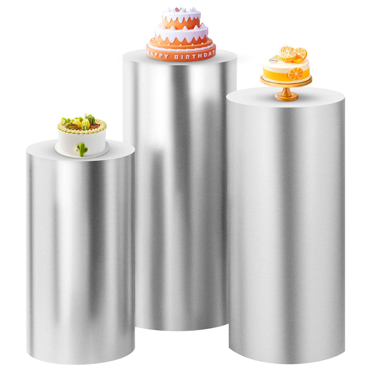 SaitiMade Set of 3 - Silver Cylinder Pedestal Stand Covers, Flexible Cylinder Stand Covers for Party, Wedding or Birthday Event 