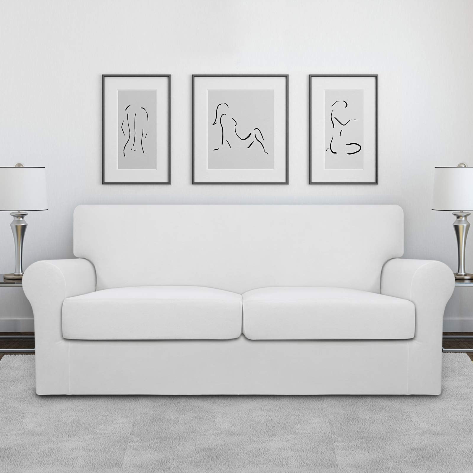 Easy-Going Oversized 3 Pieces Stretch Fleece Soft Loveseat Couch Cover For Pets - Washable Sofa Slipcover For 2 Separate Cushion Couch - Elastic Furniture Protector For Dogs, Kids Snow White