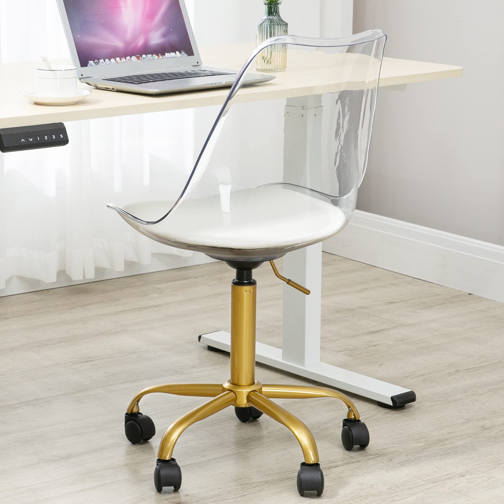 Homefun Clear Desk Chair With Cushion, Armless Acrylic Rolling Chairs With Golden Feet Swivel Height Adjustable Ghost Molded Pla
