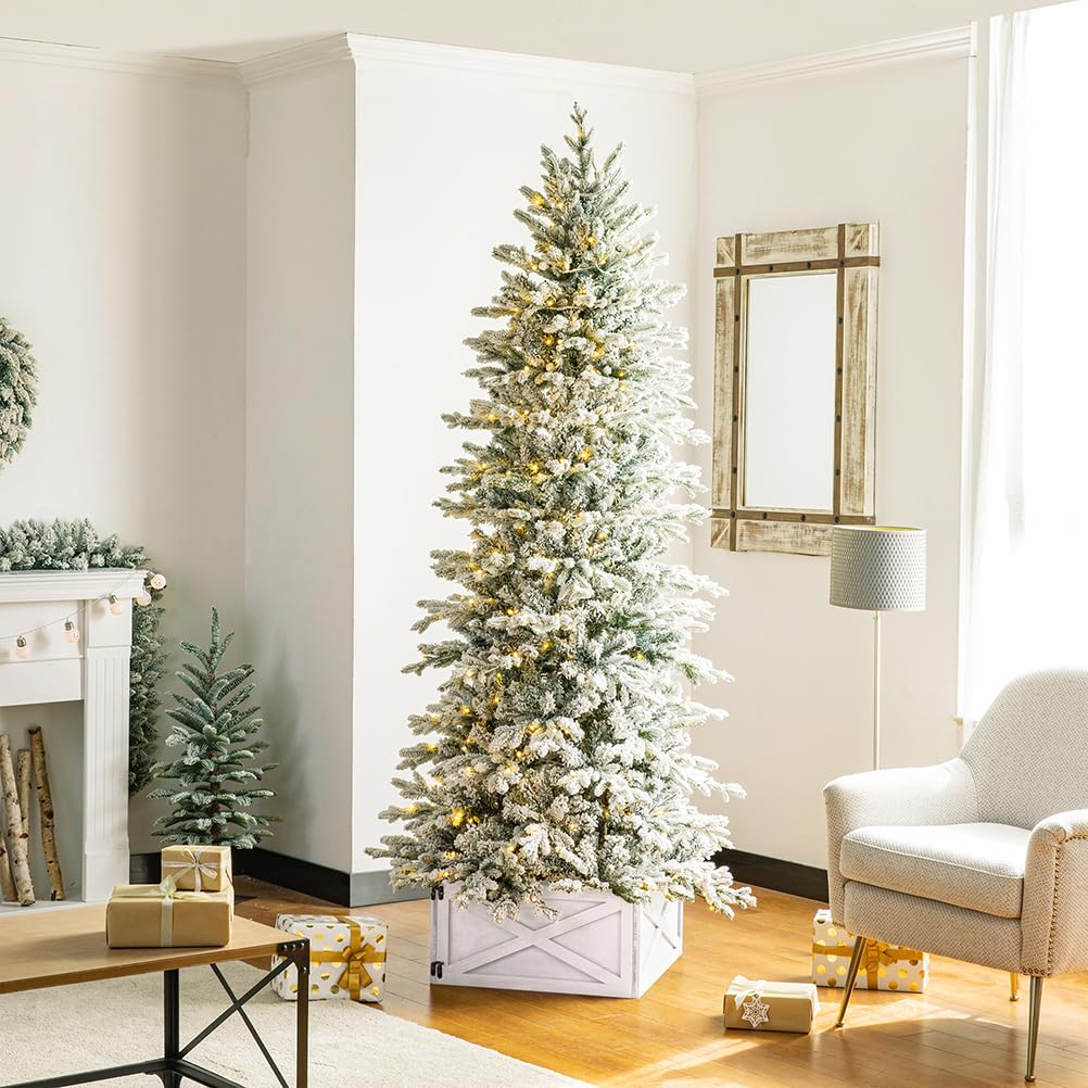 Glitzhome 22 L White Wooden Tree Collar Tree Stand Cover Decorative Christmas Tree Skirt Tree Box for Christmas Decoration