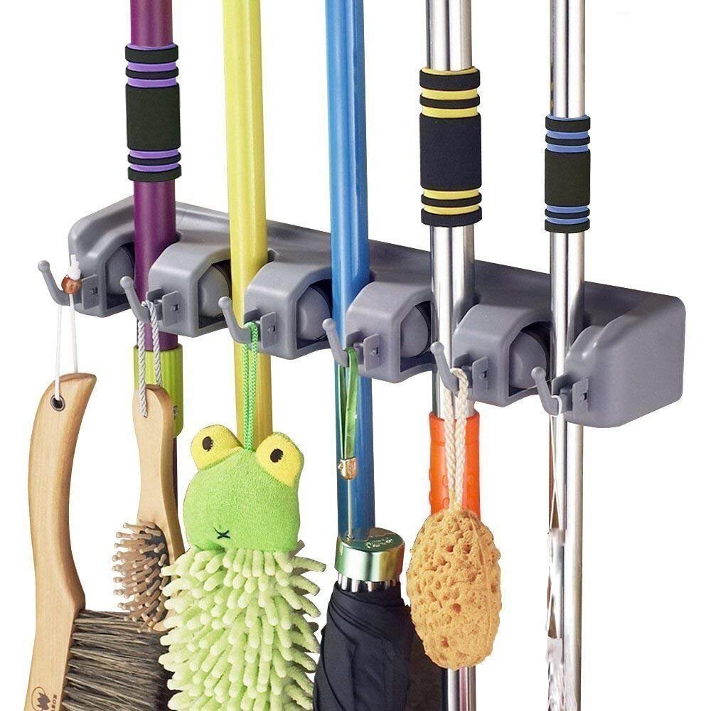 Generic Mop And Broom Holder Wall Mounted Garden Storage Rack 5 Position With 6 Hooks