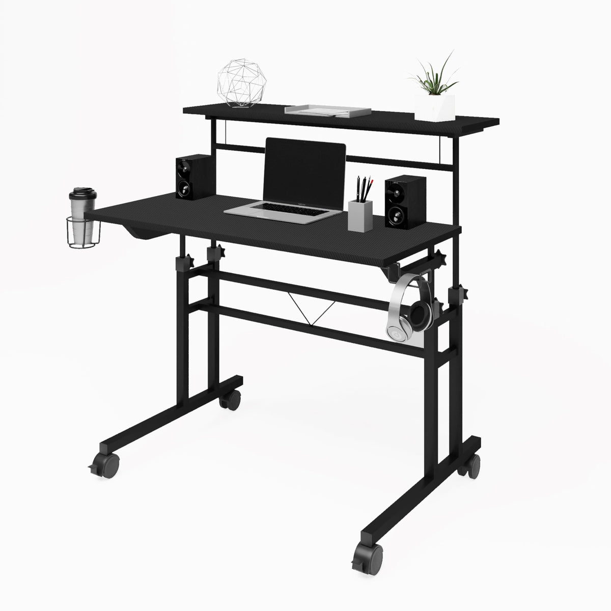 Techni Mobili Rolling Standing Desk, Two-Tier Height Adjustable Mobile Office or Gaming Desk with Wheels and Cup Holder, for Sitting or Standing Setups Black