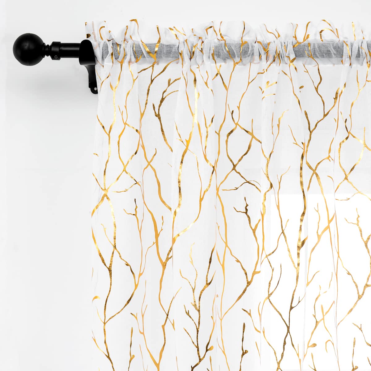 Finecity Tree Branch Sheer Curtains 63-Inch Length - Gold White Sheer Curtains Printed Metallic Gold Foil Branch Pattern Rod Poc