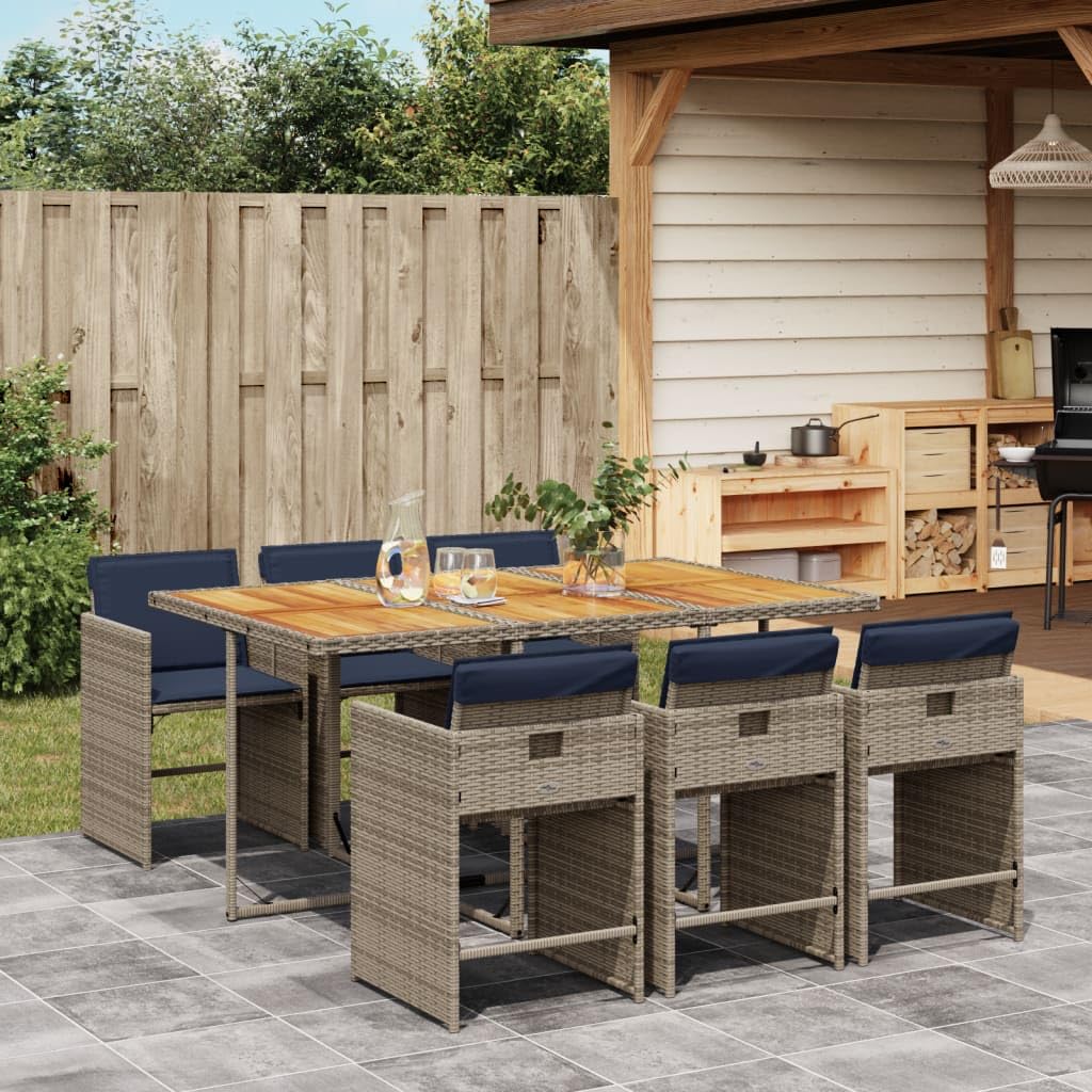 vidaXL 7 Piece Patio Dining Set with Cushions - Gray PE Rattan, Acacia Wood Tabletop, Foldable Chairs, Removable Navy Blue Cushion Covers, Outdoor/Garden Furniture for Backyard/Deck
