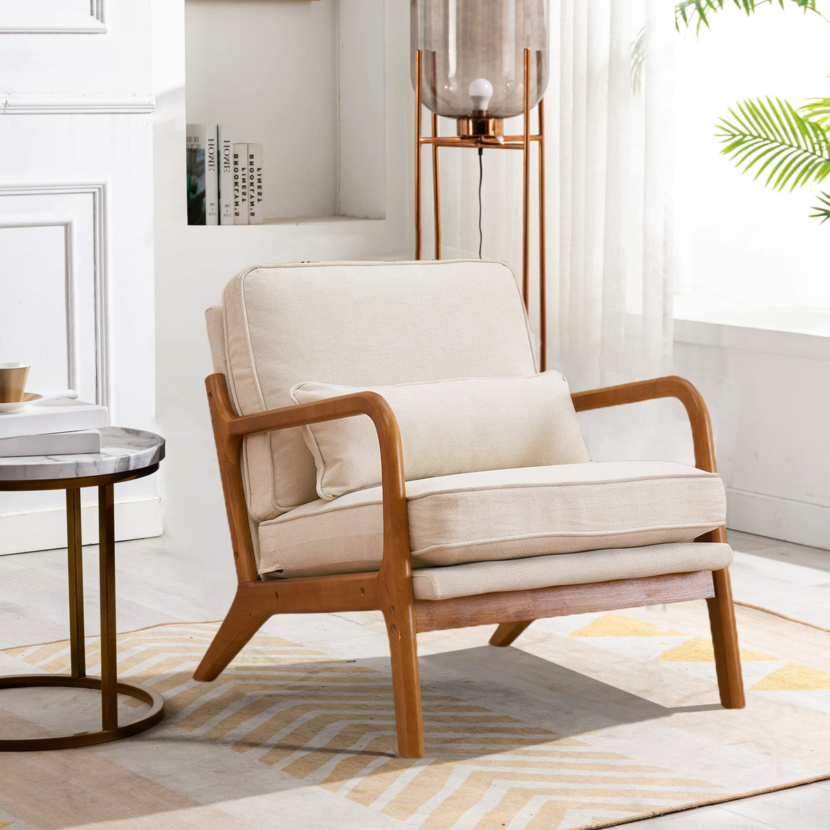 Joybase Lounge Accent Chair, Mid Century Modern Chair, Arm Chair, Wood Frame Armchair For Living Room, Bedroom (Off-White, Fabri